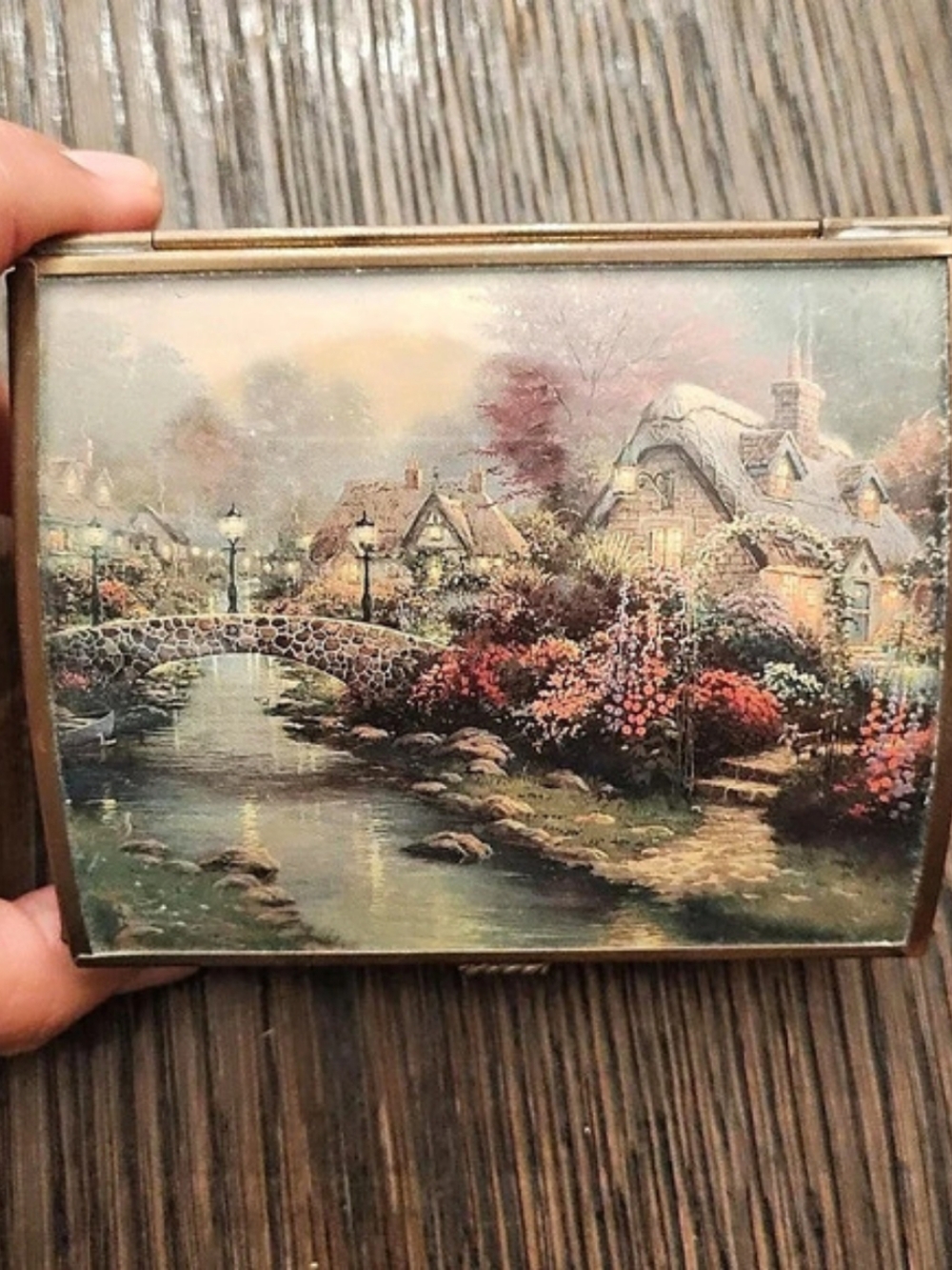 Thomas Kinkade Cottage Bridge Glass and Brass Trinket Box